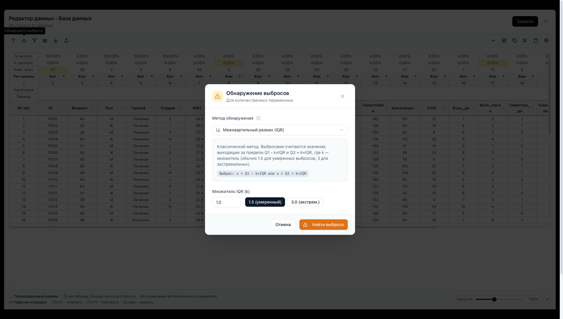 Обнаружение выбросов — настройка метода IQR